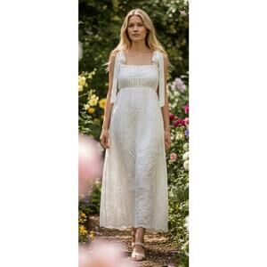 Farm Rio White Eyelet Embroidered Mini Pom Pom Midi Dress NWT Size XL